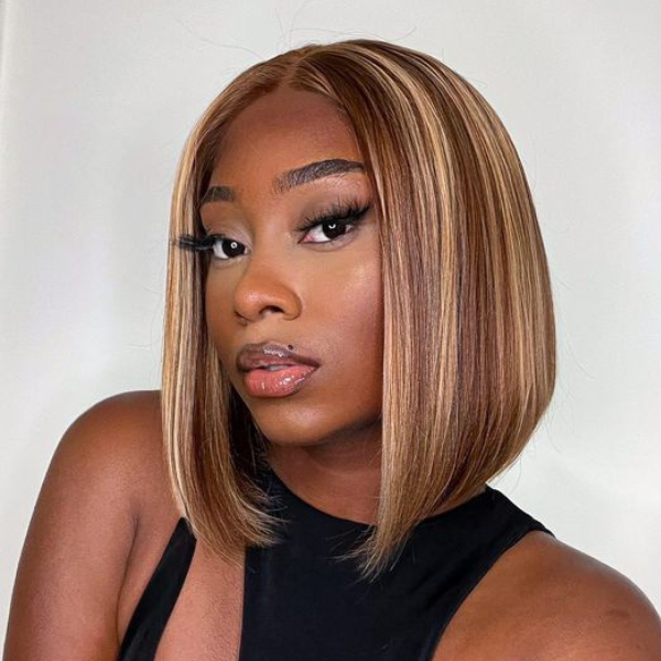 Luvme Glueless 4x4 Closure Bob Wig with highlighted piano-style hair, natural texture, and neat hairline for versatile styling.