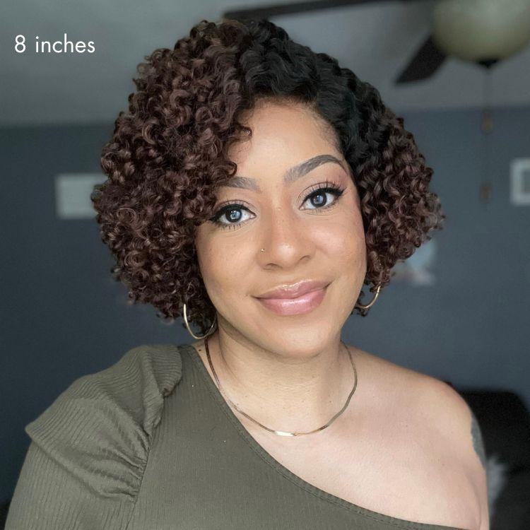 Luvme short cut curly HD lace glueless side part wig made of 100% human hair, showcasing trendy minimalist style and natural curls.