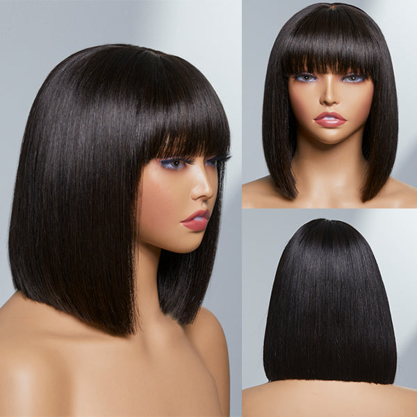 Luvme minimal lace wig with straight hair, bangs, and a sleek bob style, showcasing the glueless, silky, and natural-looking finish.