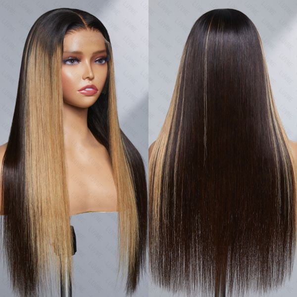 Blonde highlights straight 13x4 lace frontal wig by Luvme, featuring a glueless, undetectable transparent lace for natural look.