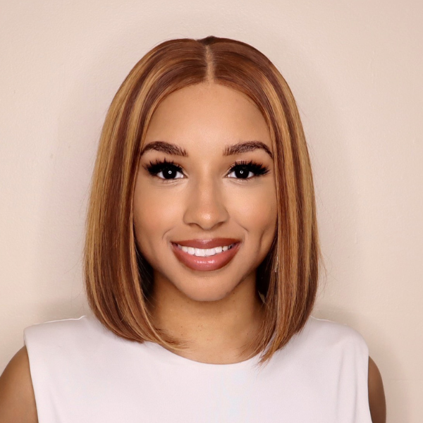 Luvme glueless 4x4 closure piano highlight bob wig with natural hair texture, styled in a sleek, shoulder-length cut.