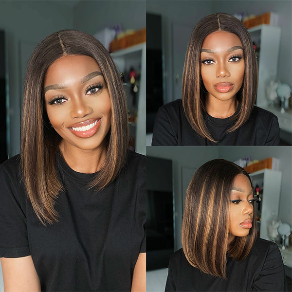 Luvme mix color highlight bob wig with extended 4x4 lace closure, glueless style, featuring vibrant color highlights and straight hair
