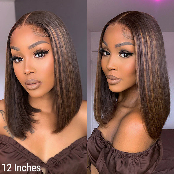 Limited Stocks | Glueless Chestnut Brown Highlights Straight 4x4 Closure Bob Wig - US Only-03
