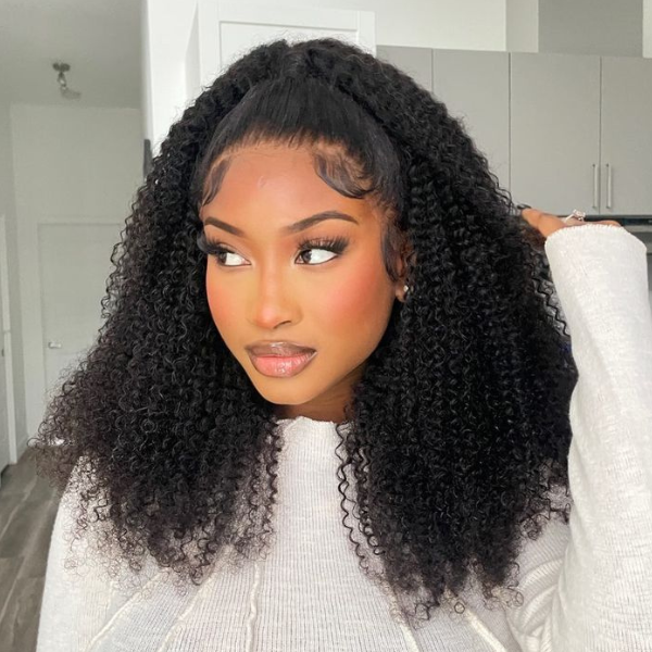 Luvme Afro curly 13x4 frontal HD lace long human hair wig with free part, showcasing voluminous curly hair and lace front detail.