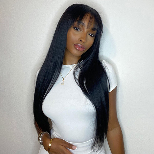 Luvme long silky bone straight lace 4x4 closure wig with bangs, showcasing smooth, straight hair and lace closure detail.
