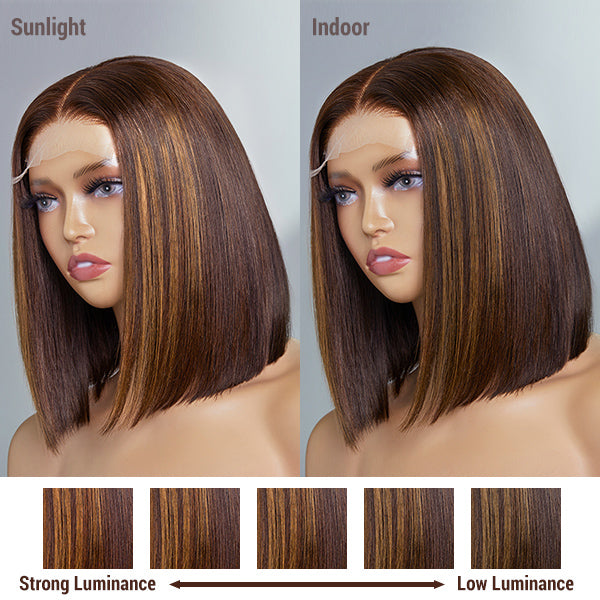 Limited Stocks | Glueless Chestnut Brown Highlights Straight 4x4 Closure Bob Wig - US Only-04