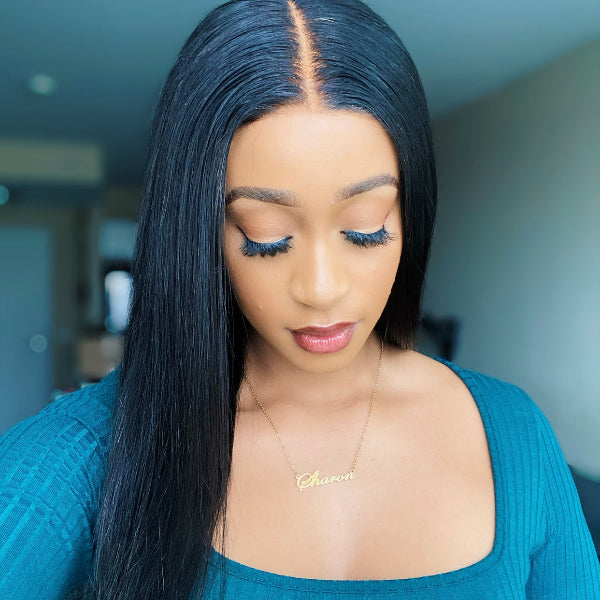 Luvme 5x5 lace glueless straight closure wig, natural black hair, easy-to-wear style with seamless lace closure for a sleek look.