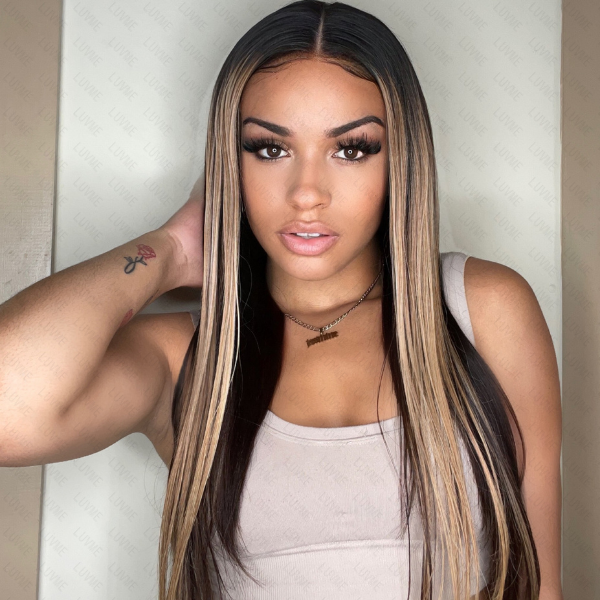 Blonde highlights straight 13x4 lace frontal wig by Luvme with transparent, undetectable glueless design on a mannequin head.
