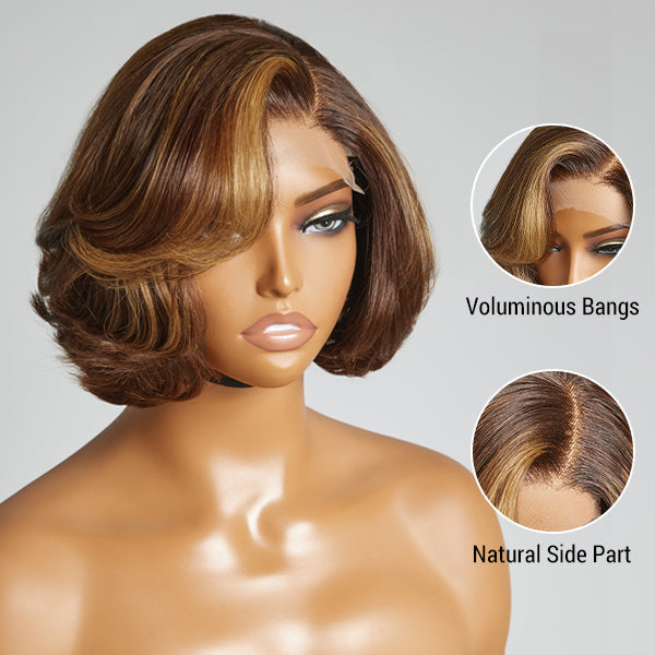 Limited Design | Toffee Brown Mix Blonde 4x4 Closure Lace Glueless C Part Short Wig 100% Human Hair