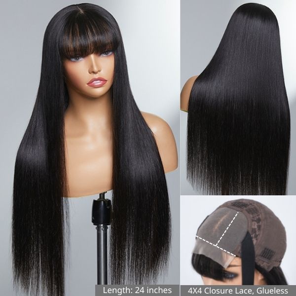 Long silky bone straight lace 4x4 closure wig with bangs by Luvme, showcasing the smooth, straight hair and lace closure detail.