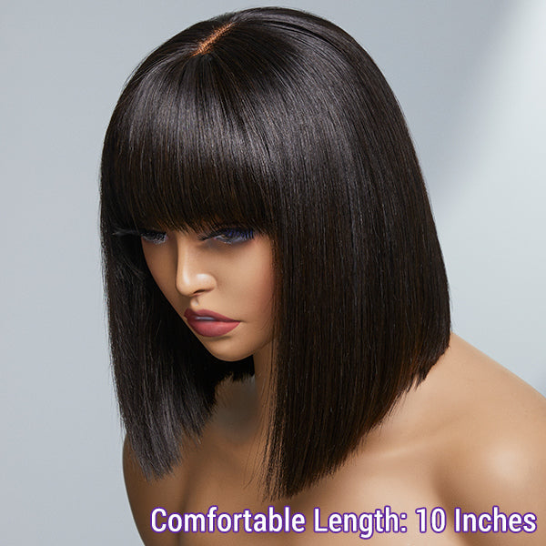 Luvme Minimalist Lace Wig with bangs, silky straight, glueless design, showcasing the sleek bob style in natural hair texture.