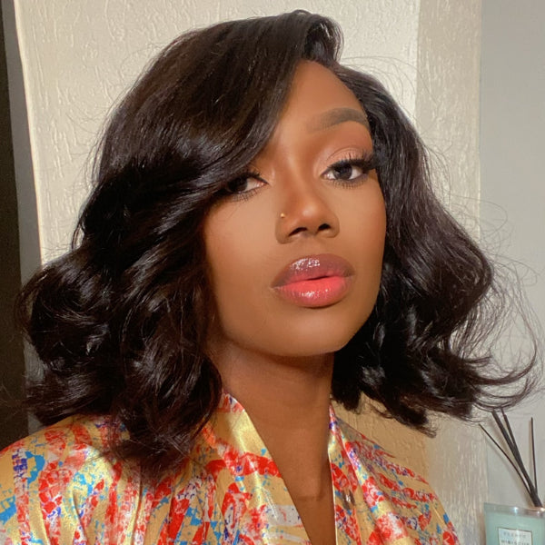 Elegant Natural Black Wavy Minimalist HD Lace Glueless C Part Short Wig 100% Human Hair - US Only-02