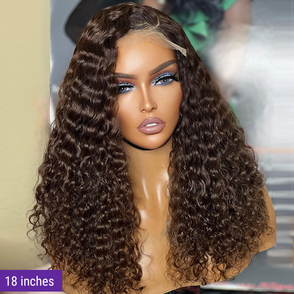 Luvme Hair brown water wave 5x5 closure lace wig with glueless design, long human hair, natural mid-part style.