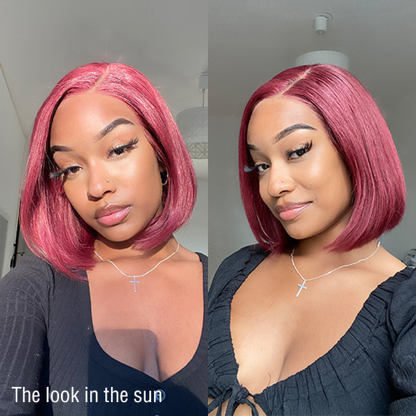 VIP DAY ONLY | 10 Inches Reddish Purple Side Part Glueless Wide T Lace Bob Wig 100% Human Hair-06