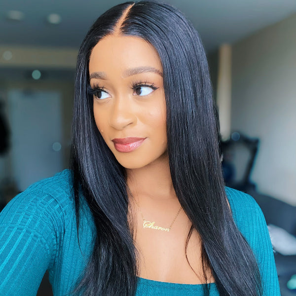 Luvme 5x5 lace glueless straight closure wig with natural hair, easy to wear, showcasing smooth, sleek straight hair.