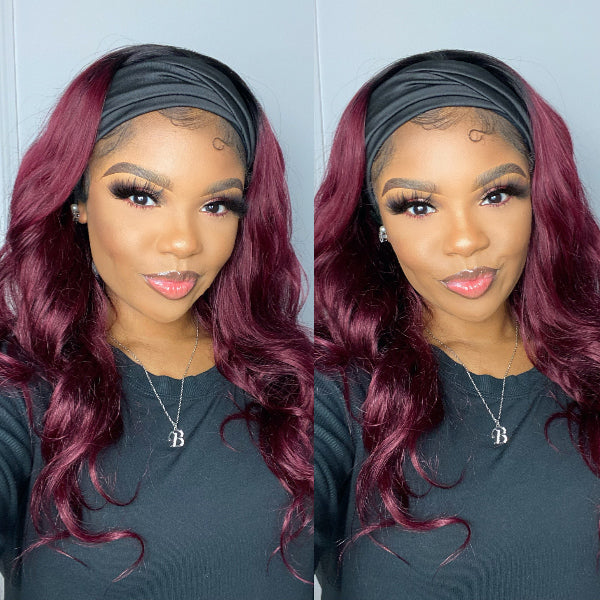 Luvme Put On & Go Sugar Plum dark root headband wig made of 100% human hair with natural black roots, easy to wear.