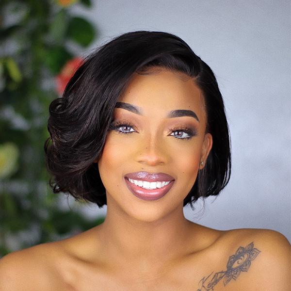 Luvme celebrity style short cut 4x4 closure lace wig with side part, made from 100% human hair, natural and versatile for everyday wear.