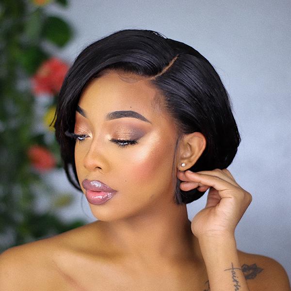 Luvme celebrity style short cut 4x4 closure lace glueless side part wig made of 100% human hair, showcasing the natural short hairstyle.