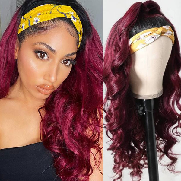 Luvme Put On & Go Sugar Plum dark root headband wig with 100% human hair and natural black roots, easy to wear.