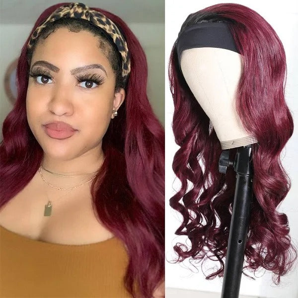 Luvme Put On & Go Sugar Plum dark root headband wig with natural black roots, 100% human hair, easy to wear and style.