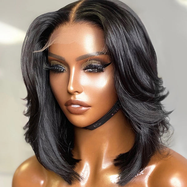 Natural Black Handcraft Layered 5x5 Closure HD Lace Glueless Short Wig | Large & Small Cap Size-01