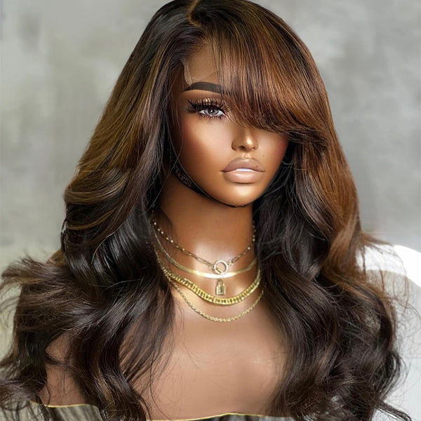 Luvme brown mix black natural black 5x5 closure wig with loose wave style, Bangs, glueless cap, natural hair texture.
