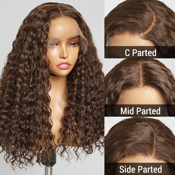 Luvme Hair brown water wave 5x5 closure lace glueless long wig made of 100% human hair, mid part style.