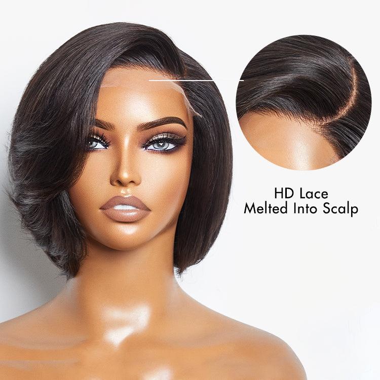 Luvme Hair mature boss pixie cut lace wig with swept bangs, minimalistic HD lace, shown on a model with styled short hair.