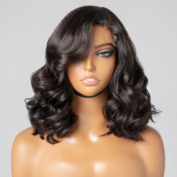 Elegant Natural Black Wavy Minimalist HD Lace Glueless C Part Short Wig 100% Human Hair - US Only-06