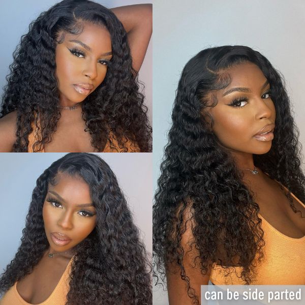 Luvme deep wave 13x4 frontal wig with undetectable HD lace, long human hair, middle part, natural wave pattern.