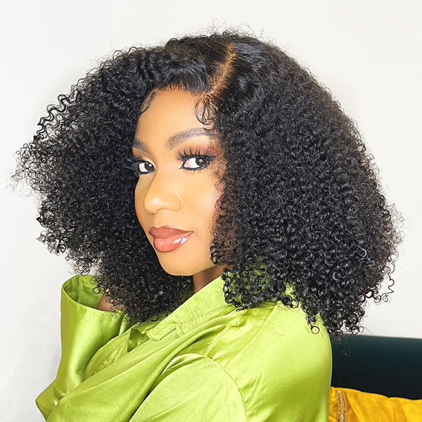 Afro Jerry Curly 5x5 Closure Lace Glueless Side Part Shoulder Length Wig 100% Human Hair - US Only-04