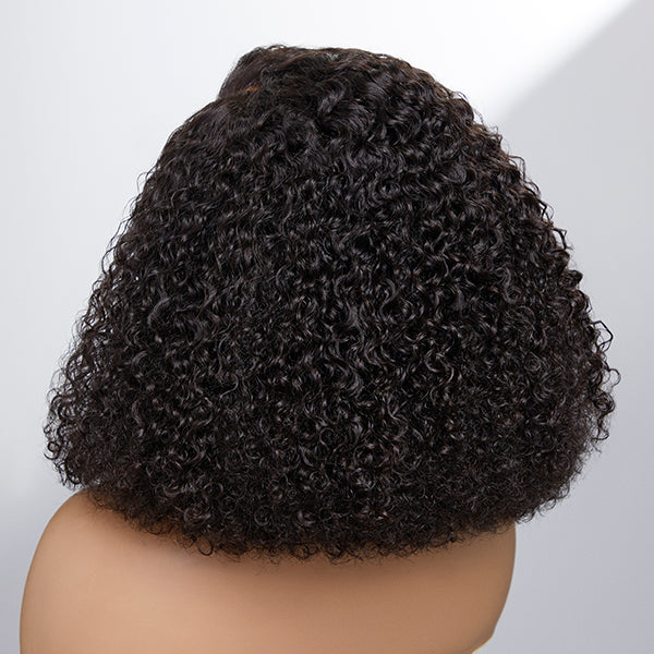 Luvme full kinky curly 5x5 closure HD lace glueless side part wig with neck-length 100% human hair, natural curls.