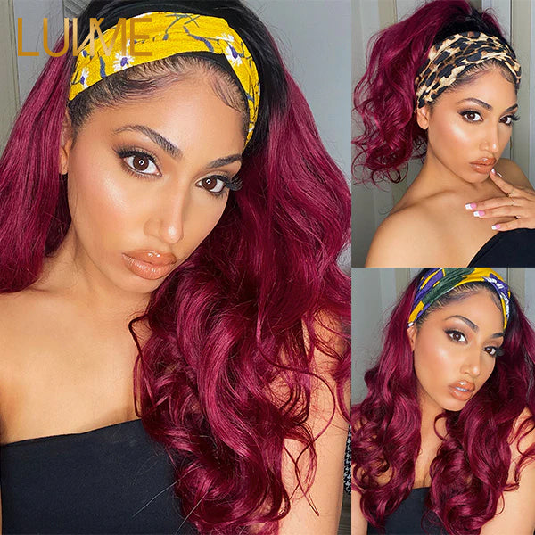 Luvme Put On & Go Glueless Sugar Plum dark root headband wig with natural black roots, 100% human hair, ready to wear