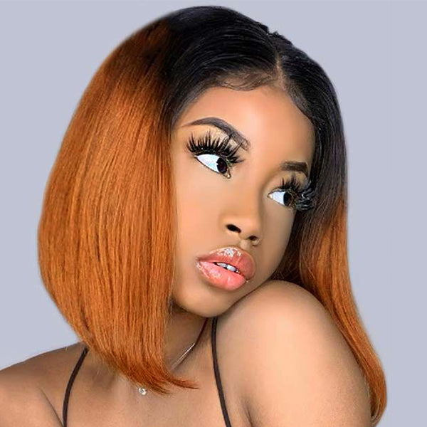 Flaming Orange Color Compact 13X4 Frontal Lace Bob Wig With Black Roots
