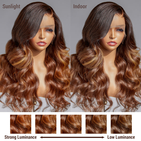 Limited Design | Amanda Honey Brown Highlight Glueless 13x4 Frontal Lace Side Part Long Wig | Large & Small Cap Size-02