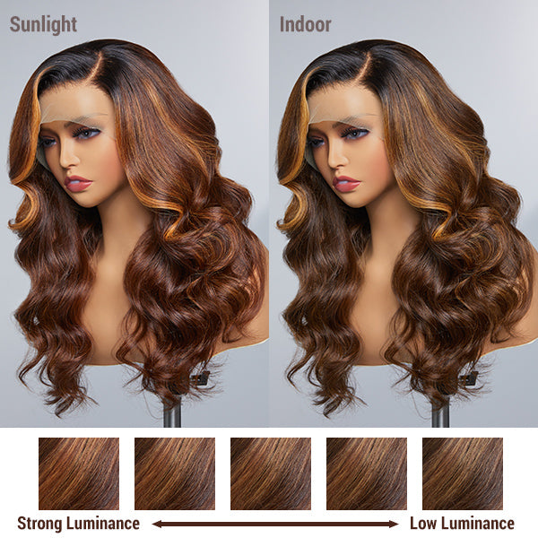 Luvme Hair blonde highlight loose body wave 13x4 frontal glueless HD lace wig with long left side part