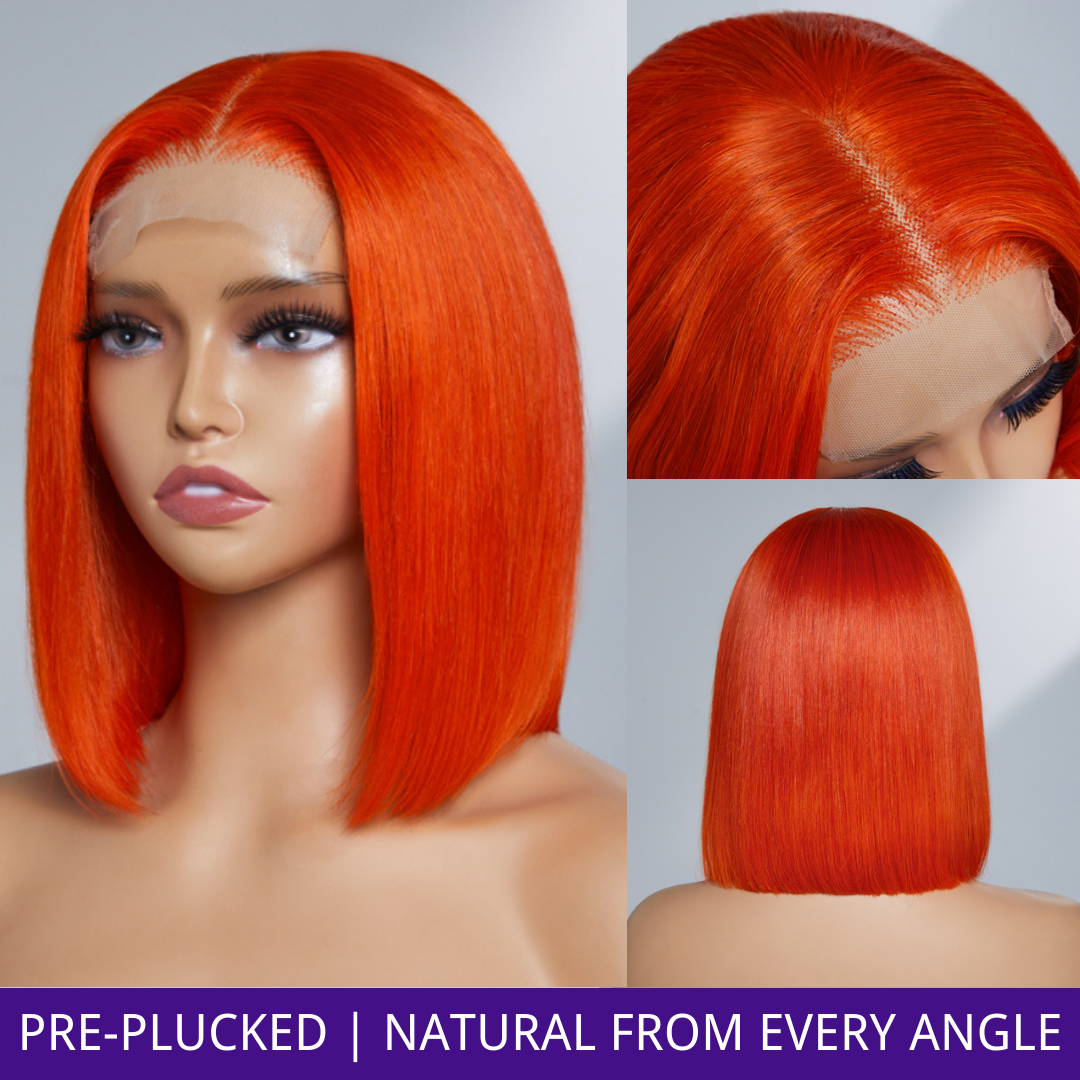 Luvme Fiery Orange 4x4 closure bob wig made of 100% human hair with natural-looking parting and vibrant color.