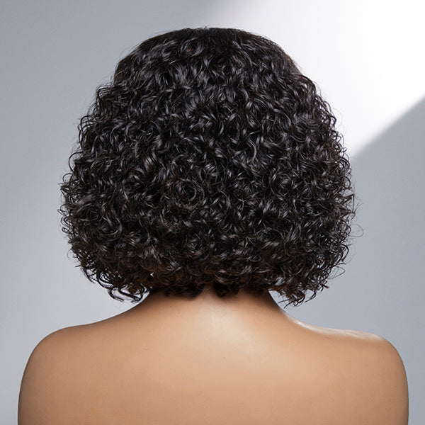 Luvme casual bouncy curly 4x4 closure lace wig with bangs, 100% human hair, short style, natural texture, glueless fit.