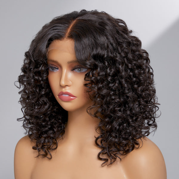 Casual Bouncy Curly 4x4 Closure Lace Glueless Mid Part Short Wig 100% Human Hair-07