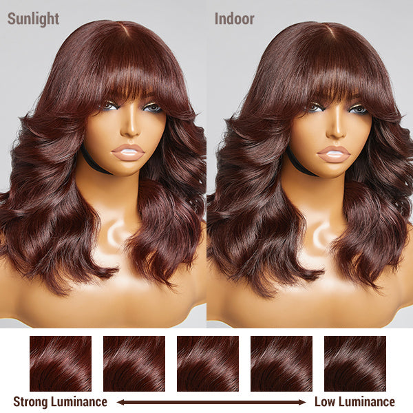 Layered chocolate brown loose body wave wig with bangs, 4x4 lace closure, human hair, by Luvme Hair.