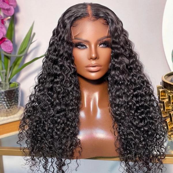 Luvme deep wave 5x5 glueless lace closure wig with real HD lace, undetectable, natural-looking hair, styled in loose waves.