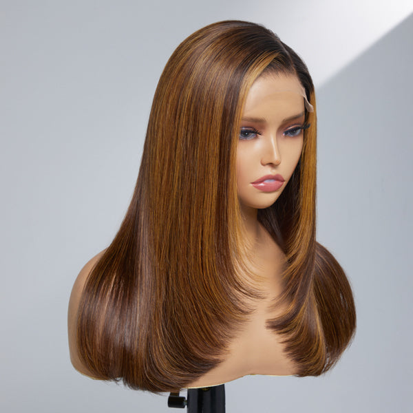 Luvme Hair Sparkle Galaxy layered 5x5 closure HD lace wig with pre-bleached knots, showcasing a shiny, multi-dimensional hairstyle.