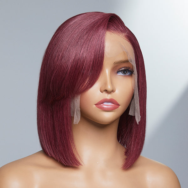 Burgundy New Trend Side-swept Bangs Glueless Wide T Lace Bob Wig 100% Human Hair - US Only-01