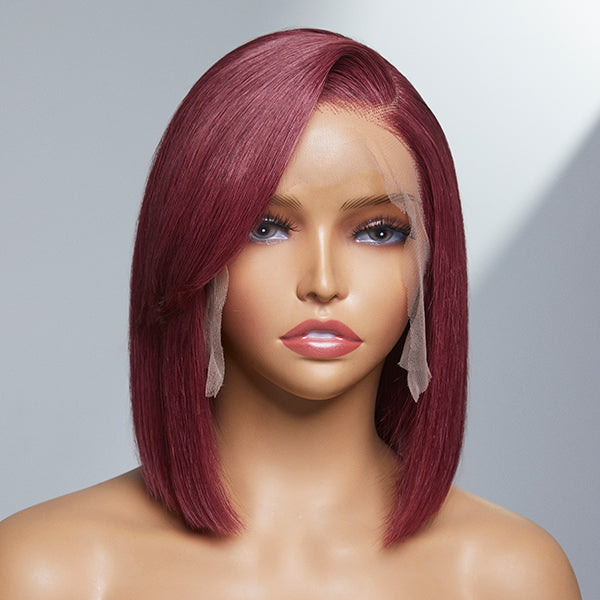 Burgundy New Trend Side-swept Bangs Glueless Wide T Lace Bob Wig 100% Human Hair - US Only-04