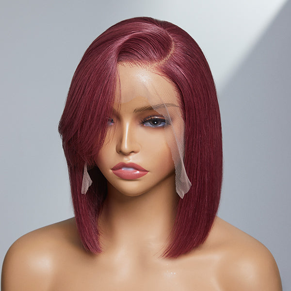 Burgundy New Trend Side-swept Bangs Glueless Wide T Lace Bob Wig 100% Human Hair - US Only-02