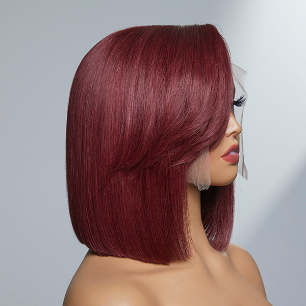 Burgundy New Trend Side-swept Bangs Glueless Wide T Lace Bob Wig 100% Human Hair - US Only-05