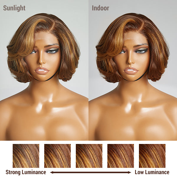 Luvme Toffee Brown Mix Blonde 4x4 closure lace glueless short wig with C part, 100% human hair, natural hairline and texture.