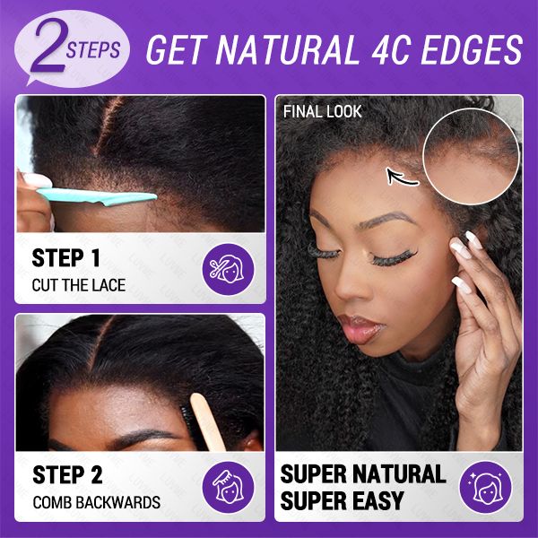 Luvme 13x4 frontal wig with realistic kinky afro curly edges, glueless design, 100% human hair, natural hairline.