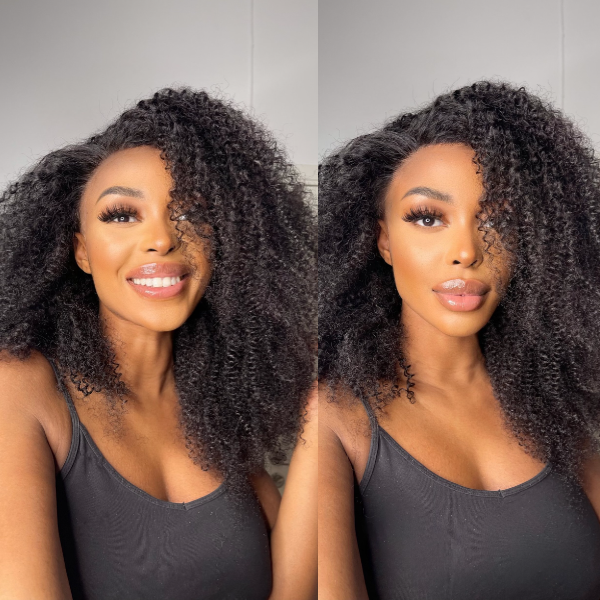 Luvme Afro curly 13x4 lace frontal wig with invisible HD real lace, undetectable glueless design, showcasing curly hair texture.