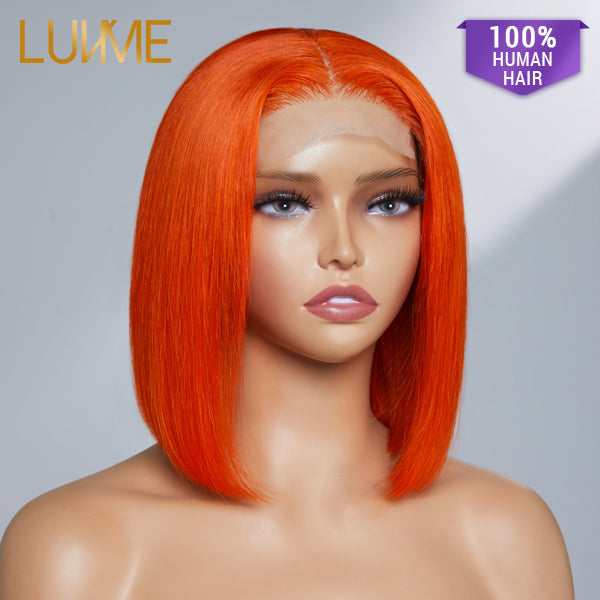 Luvme Fiery Orange 4x4 closure bob wig made of 100% human hair, showcasing vibrant orange color and natural-looking style.